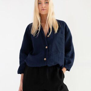 Love and Confuse Rosemary Linen Shirt in Navy Blue, size small